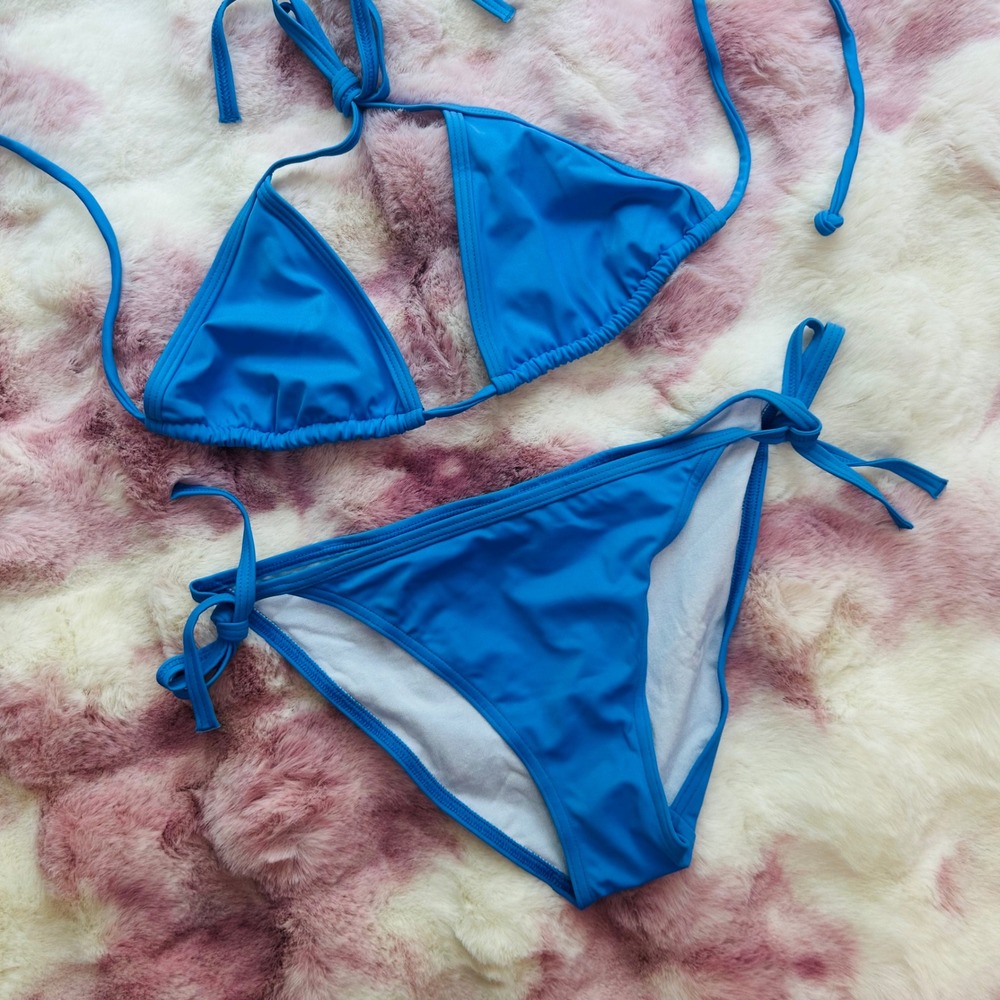 Victoria's Secret Womens S Bikini Set Blue Triangle Top Side Tie Bottom NWOT